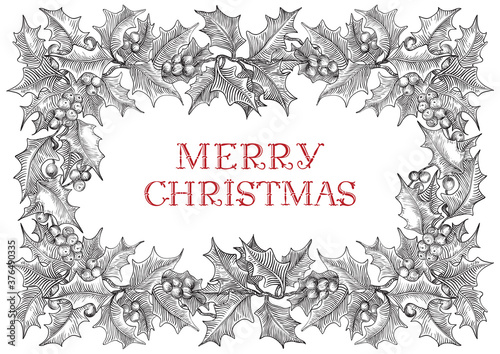 Vintage Merry Christmas greeting card. Vector background with lettering hand drawn  text and holly  Christmas  decoration at retro hand drawn style.