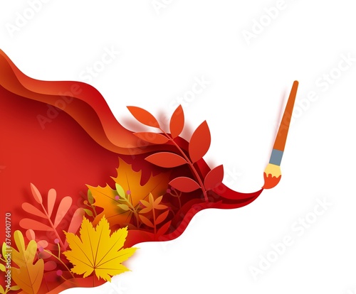Autumn leaves wavy background in paper cut style. Cut out 3d wallpaper with creative brush stroke layered papercut art. Vector card with paintbrush draw and origami red orange yellow leaves.