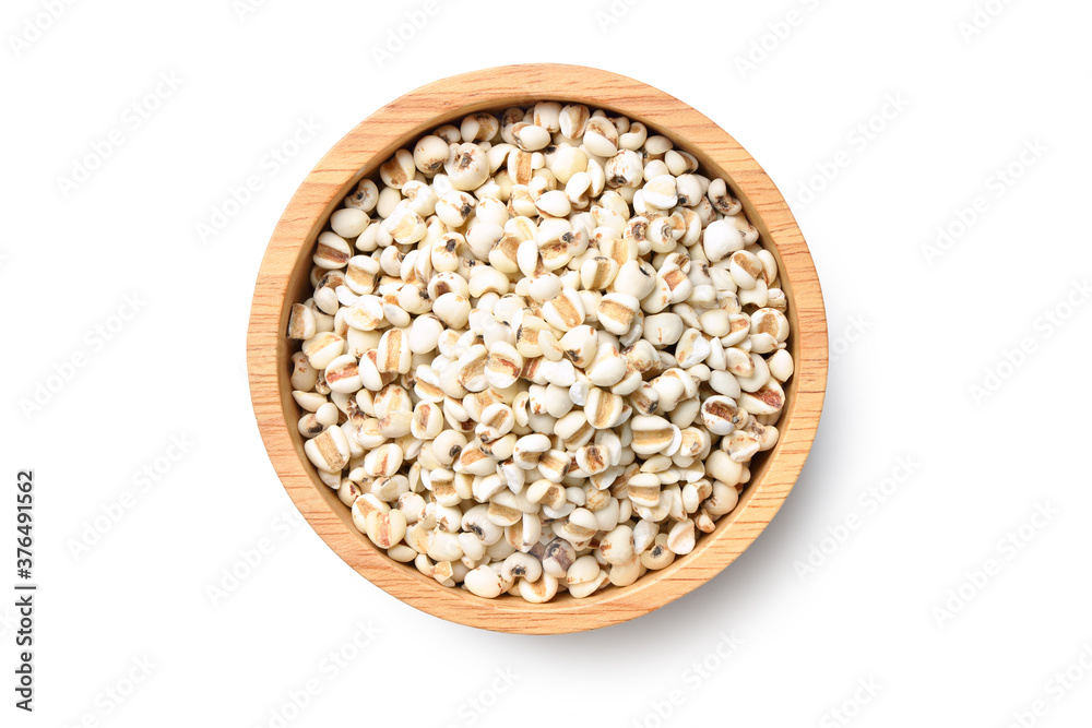 Flat lay (top view) of Job's tears ( Adlay millet) in wooden bowl isolated on white background. Clipping path. Flat lay (top view) of Job's tears ( Adlay millet) in wooden bowl isolated on white background. Clipping path.