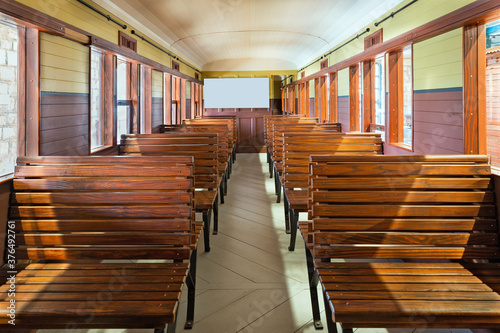  railway carriage with wooden benches