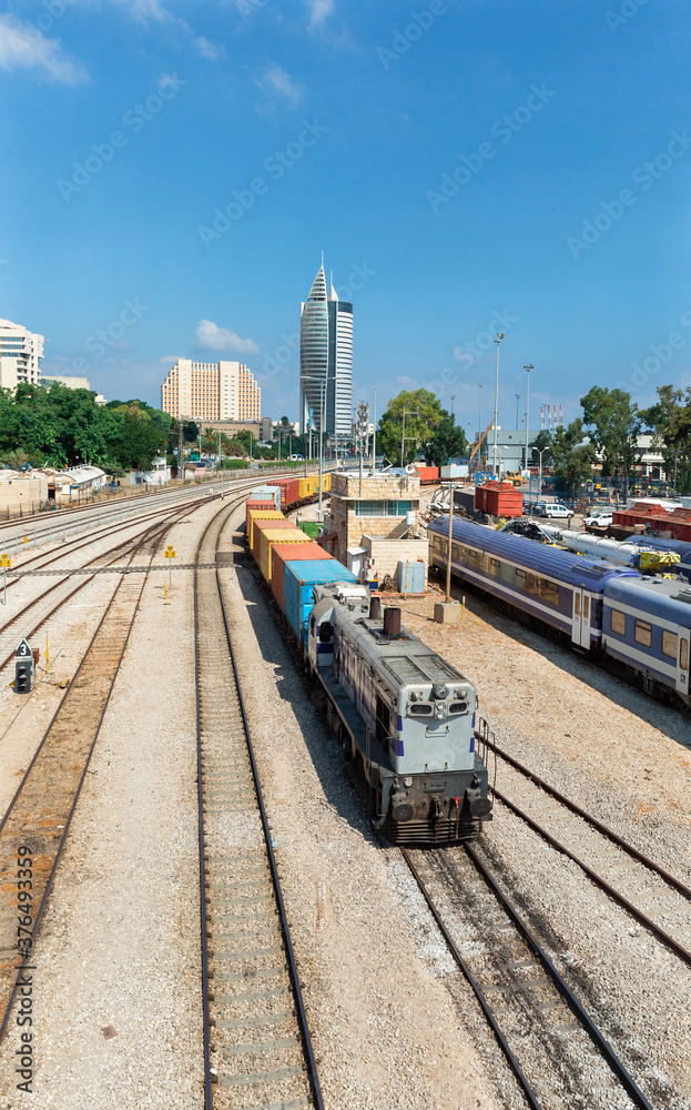 Naklejka premium moving train on the railroad in Haifa