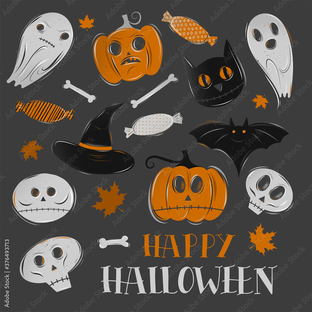 Halloween illustration with different characters. Halloween party elements. Halloween illustration with different characters. Halloween party elements.