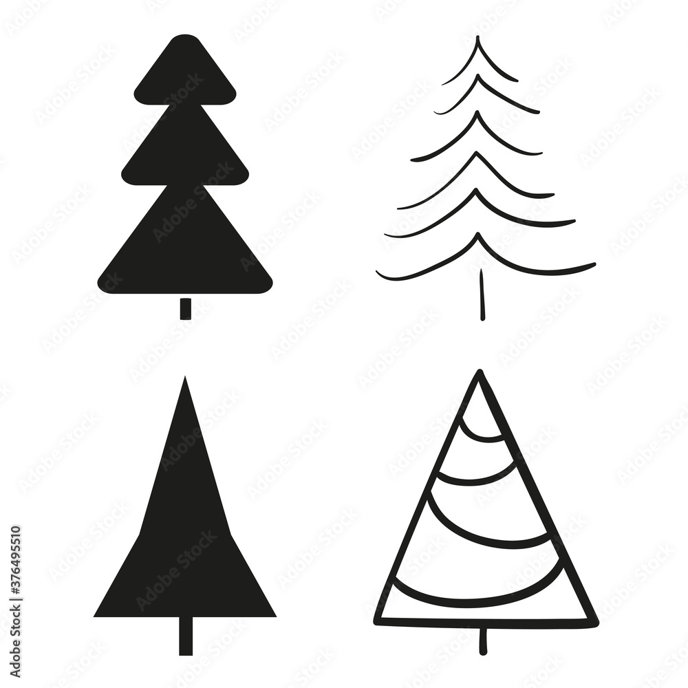 Christmas tree on white. Xmas elements. Black and white illustration