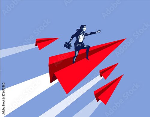 Business Woman Standing on Rocketing paper Plane Ready to Make Her way to Success Illustration Concept