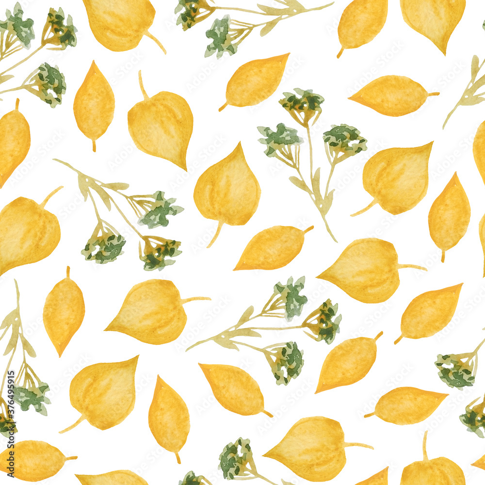 Seamless hand drawn watercolor pattern with green yellow wild herbs leaves in wood woodland forest. Organic natural plants, floral botanical design for wallpapers textile wrapping paper. Fall autumn. Seamless hand drawn watercolor pattern with green yellow wild herbs leaves in wood woodland forest. Organic natural plants, floral botanical design for wallpapers textile wrapping paper. Fall autumn.