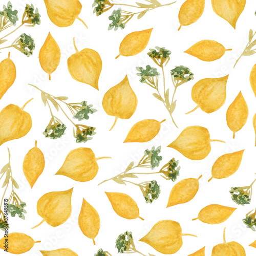 Fototapeta Naklejka Na Ścianę i Meble -  Seamless hand drawn watercolor pattern with green yellow wild herbs leaves in wood woodland forest. Organic natural plants, floral botanical design for wallpapers textile wrapping paper. Fall autumn.