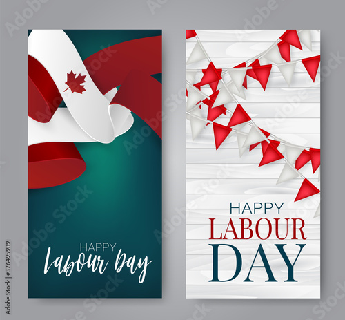 Canada Labour Day banner set. Canadian red and white bunting flag background. National workers holiday concept. Vector illustration.