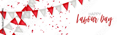 Canada Labour Day banner or header. Canadian red and white bunting flag background. National workers holiday concept. Vector illustration.