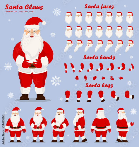 Mascot creation kit of christmas character. Santa in different keyframes. Santa Clause constructor or DIY kit. Collection of Christmas cartoon character body parts, clothes, holiday attributes