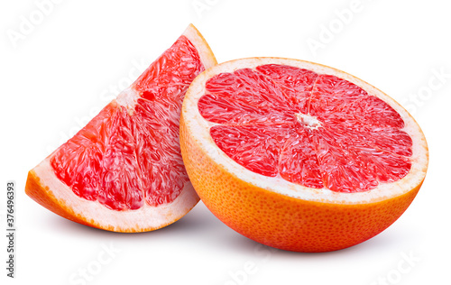 .Grapefruit isolated. Pink grapefruit whole, half, slice on white. Grapefruit slices with zest isolate. With clipping path. Full depth of field.