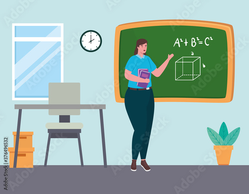 woman teacher with chalkboard in classroom vector illustration design