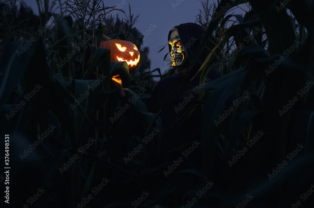 Halloween holiday. A man in a skull mask holds in his hand a glowing Halloween pumpkin in a cornfield at dusk. Faceless. Horror and fear concept. Halloween holiday. A man in a skull mask holds in his hand a glowing Halloween pumpkin in a cornfield at dusk. Faceless. Horror and fear concept.