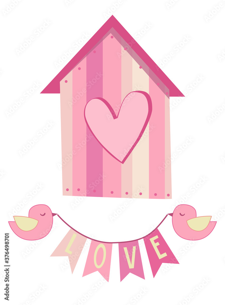 Valentines Day pink birdhouse and love sign with birds. Isolated on white background vector illustration.