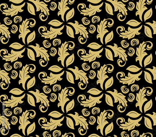 Floral ornament. Seamless abstract classic background with flowers. Pattern with repeating golden floral elements. Ornament for fabric, wallpaper and packaging