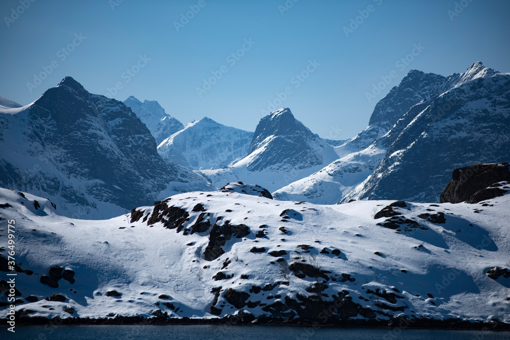 Blue beautiful mountains in Lofoten in Norway