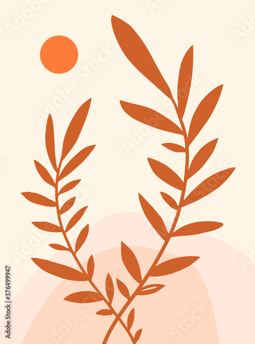 Abstract composition with leaves. Vector illustration. Bohemian poster. Mid century art print.