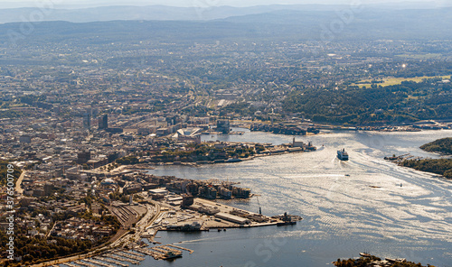 Aerial view over the bay area of Oslo, the capital of Norway