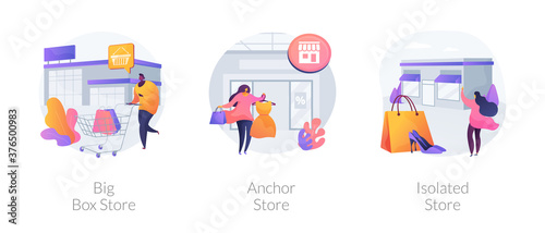 Retail shop abstract concept vector illustration set. Big box, anchor and isolated store, superstore, shopping center, department store, big retailer, fashion outlet, customer abstract metaphor.