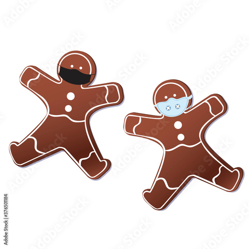 Gingerbread men in medical masks isolated on white background, looking vector stock illustration with christmas gingerbread