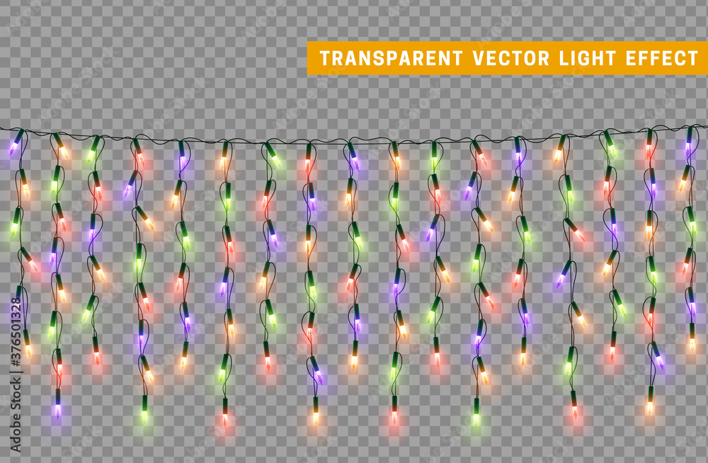 Fototapeta premium Christmas lights garlands. Festive design elements. Celebrate realistic object. Holiday Xmas Decor. New Year light effects isolated. Vector illustration.