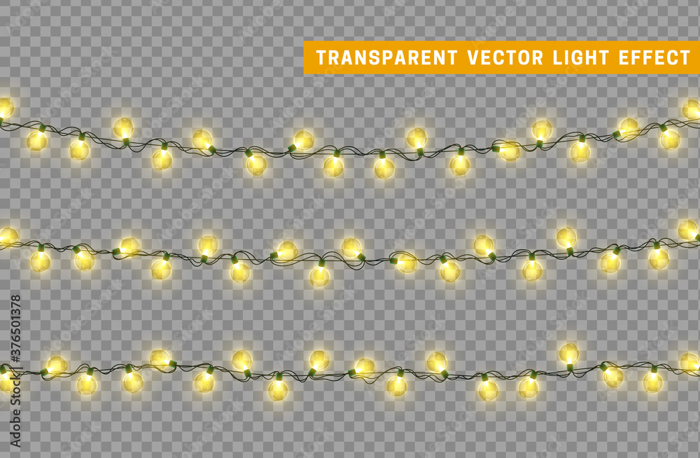 Christmas lights garlands. Festive design elements. Celebrate realistic object. Holiday Xmas Decor. New Year light effects isolated. Vector illustration. Christmas lights garlands. Festive design elements. Celebrate realistic object. Holiday Xmas Decor. New Year light effects isolated. Vector illustration.