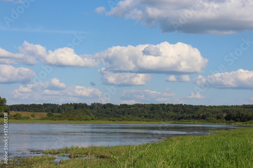 Sunny day on the river in summer in the village