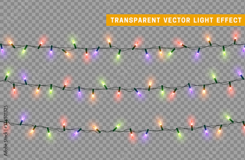Christmas lights garlands. Festive design elements. Celebrate realistic object. Holiday Xmas Decor. New Year light effects isolated. Vector illustration.