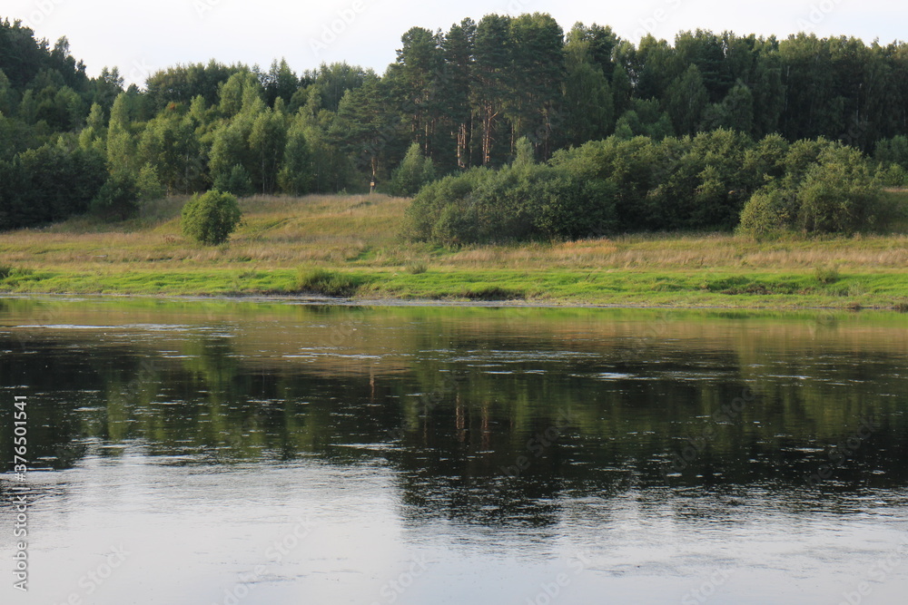 View of the river in the countryside at sunset View of the river in the countryside at sunset