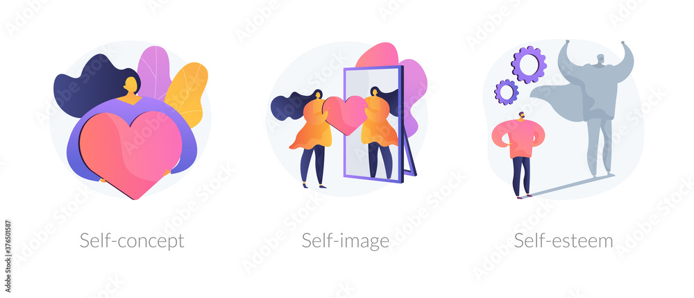 Personal image abstract concept vector illustration set. Self-concept, self-image and esteem, social role, individual psychology, confidence, positive self-perception, portrait abstract metaphor. - obrazy, fototapety, plakaty 