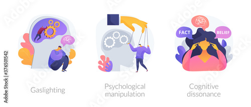 Mental abuse abstract concept vector illustration set. Gaslighting, psychological manipulation, cognitive dissonance, emotional blackmailing, social engineering, missing out abstract metaphor. photo