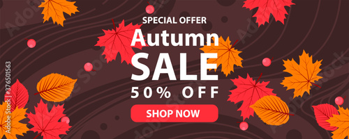 Autumn sale text banners for September shopping promo or autumnal shop discount. Vector maple and oak acorn leaf foliage, mushroom and berry for discount design of leaflet or web banner