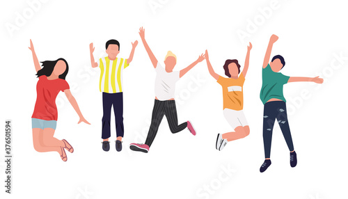 Happy children jumping up, concept of childhood, flat style, isometric people vector illustration