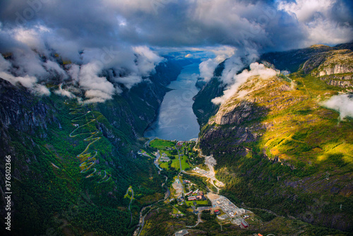 Dramatic aerial view of Lysefjorden in Norway