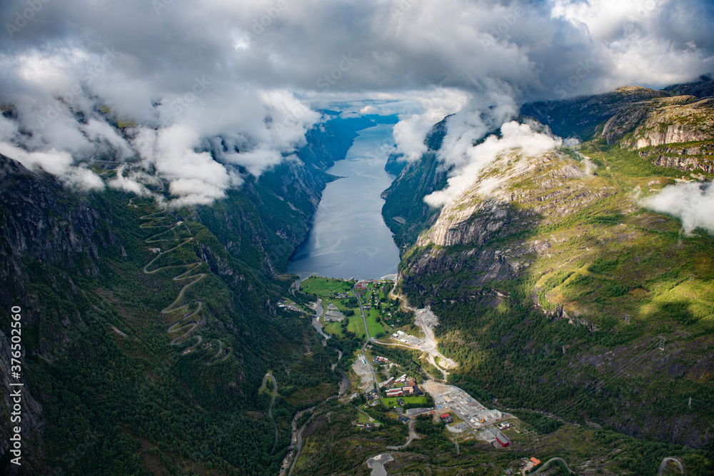 Aerial view of the wonderful Lyse fjord in Norway