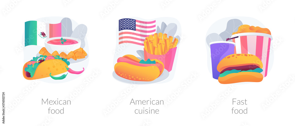 American food abstract concept vector illustration set. Mexican and american cuisine, fast food, burrito recipe, barbecue dish, homemade grill, burger and pizza, snack menu abstract metaphor.