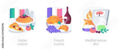 Classic european cuisine abstract concept vector illustration set. French and Italian cuisine, Mediterranean diet, fine dining restaurant, spaghetti recipe, healthy diet, gourmet abstract metaphor.