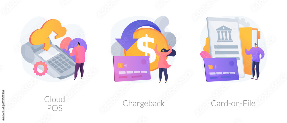 Retail software abstract concept vector illustration set. Cloud POS, chargeback, card-on-File, sale and transaction data storage, bank account, consumer credentials, reward abstract metaphor.