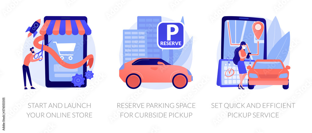 Online store pickup service abstract concept vector illustration set. Reserve parking space, curbside pickup, small business amid pandemic, grocery and essentials, employee safety abstract metaphor.