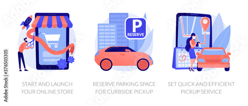 Online store pickup service abstract concept vector illustration set. Reserve parking space, curbside pickup, small business amid pandemic, grocery and essentials, employee safety abstract metaphor.