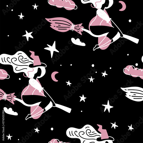 Cute young witch with broom fly on starry sky. Halloween night seamless pattern. Cartoon simple trendy charter in flat style.