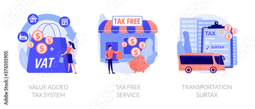 Taxation control abstract concept vector illustration set. Value added tax system, tax free service, transportation surtax, retail good purchase, refunding VAT, transit service fee abstract metaphor.