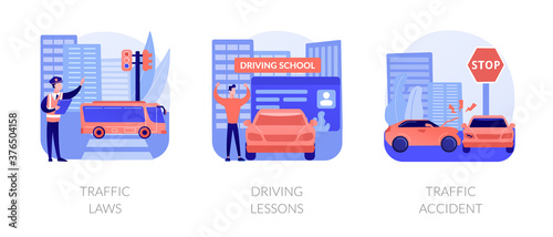 Driving license abstract concept vector illustration set. Traffic laws, driving lessons, traffic accident, road safety, violation fine, certified instructor, car crash investigation abstract metaphor.