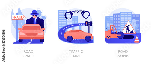 Road safety abstract concept vector illustration set. Traffic crime and fraud, road works, fellow traveller, hitchhiking, criminal traffic, construction and repair, speed limit sign abstract metaphor.