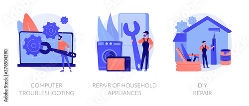 Repair and maintenance services abstract concept vector illustration set. Computer troubleshooting, DIY repair of household appliances, warranty, video tutorial, problem fix abstract metaphor.