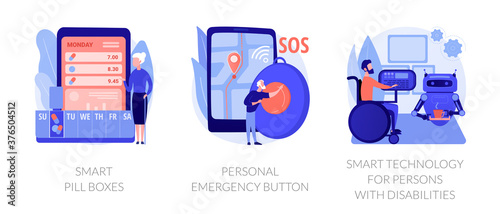 Digital healthcare support abstract concept vector illustration set. Smart pill boxes, personal emergency button, smart technology for persons with disabilities, home automation abstract metaphor.