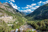 Panorama of the Formazza Valley, where the Toce river forms a waterfall in La Frua (Northern Italy, Piedmont, on the border with Switzerland).