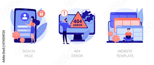 Website page interface abstract concept vector illustration set. Sign in page, 404 error, website template, user login form, UI, new account registration, landing page, web design abstract metaphor.