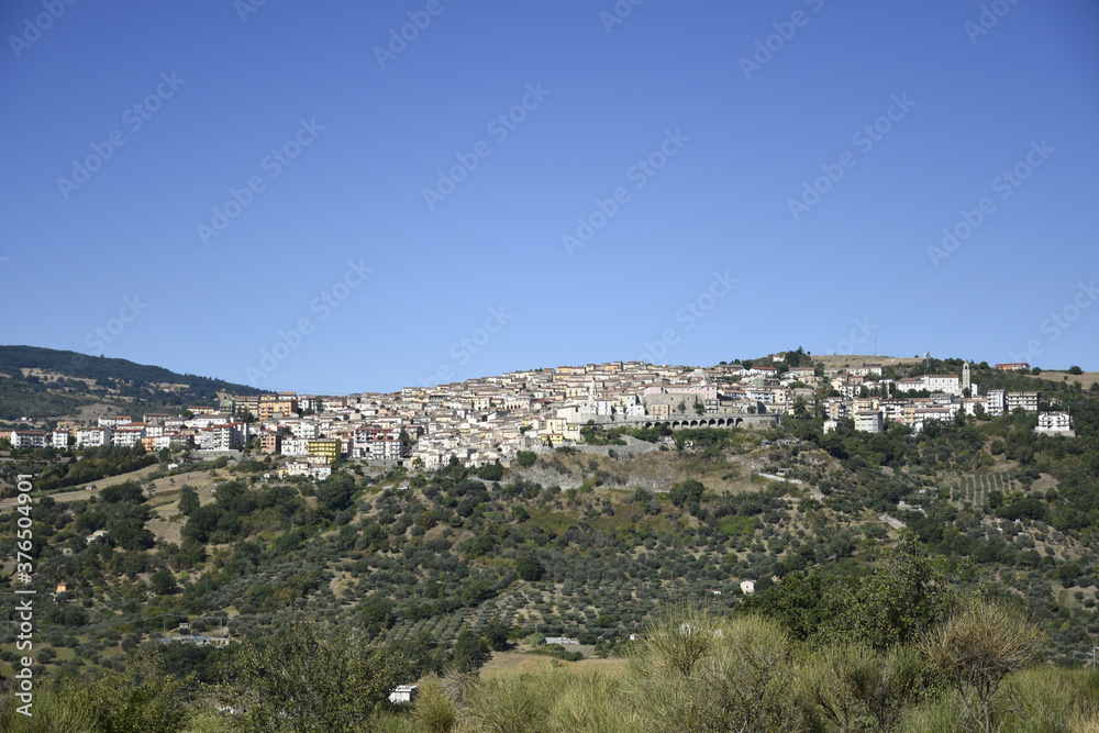 Panoramic view of Corleto Perticara, a village in the mountains of the Basilicata region, Italy.