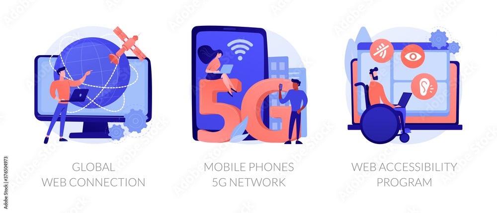 Global network communication abstract concept vector illustration set. Global web connection, mobile phones 5G network, web accessibility program, satellite, GPS technology internet abstract metaphor. Global network communication abstract concept vector illustration set. Global web connection, mobile phones 5G network, web accessibility program, satellite, GPS technology internet abstract metaphor.