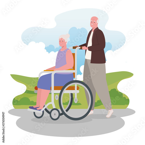 old man walking outdoor with old woman in a wheelchair vector illustration design